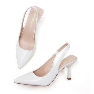 🆕Women's White Pu Slingback Kitten Heel Pointed Closed Toe Stiletto Pumps Slip